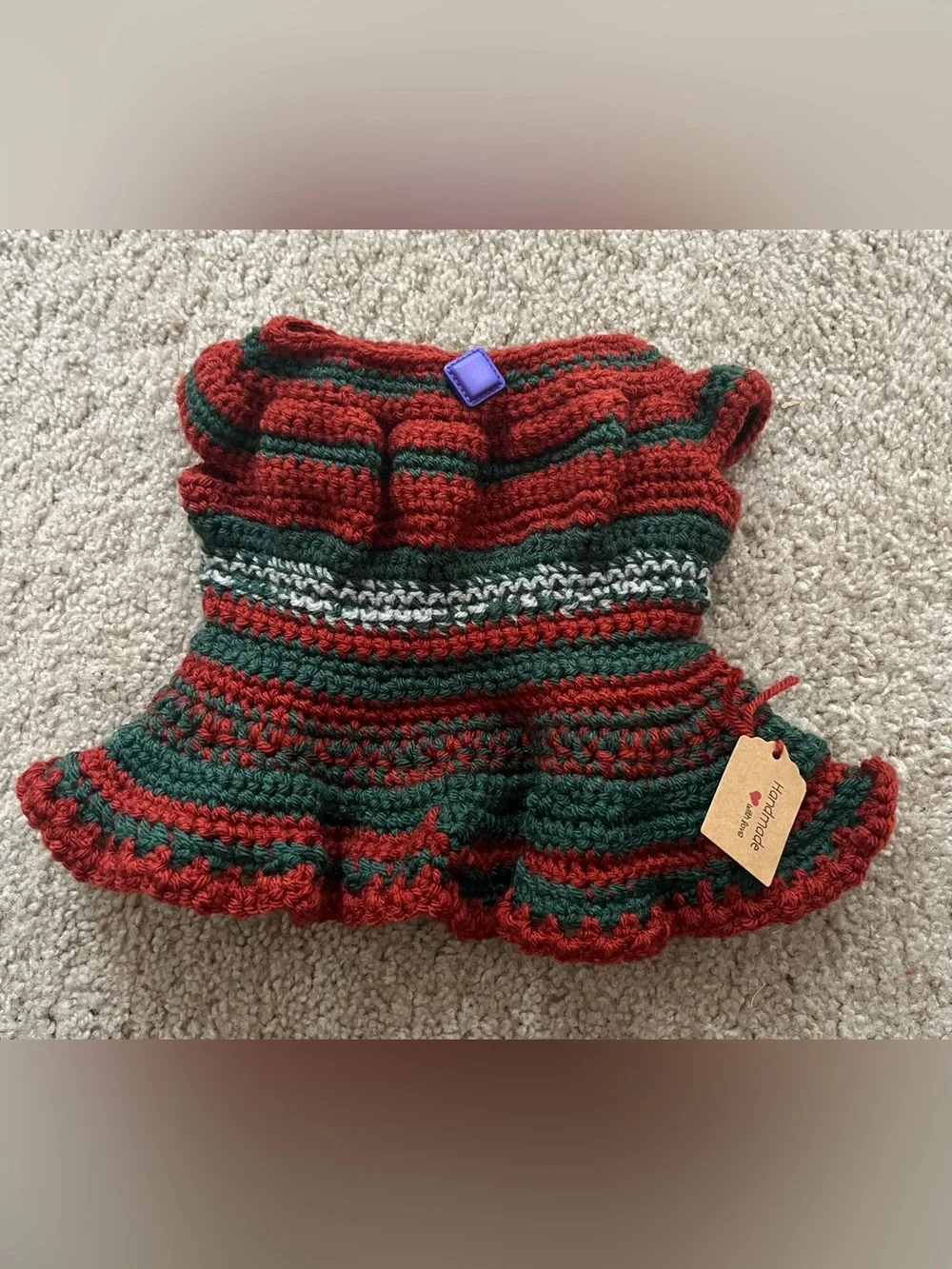 Hand-Crocheted Red & Green Doll Dress – Handmade Doll Outfit Size 10”